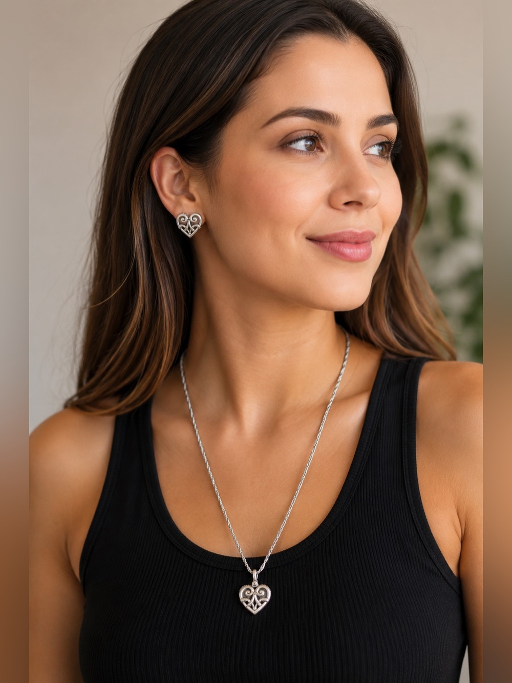 Brighton Silver Heart Filigree Pendant Necklace and Stud Earrings
